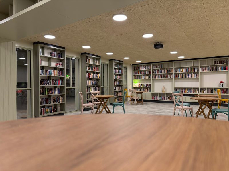 Bookcases along the room