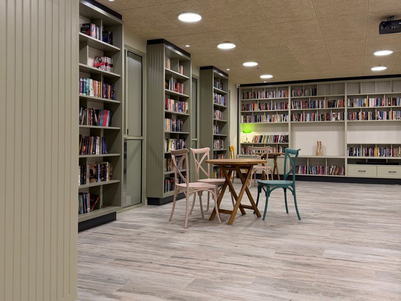 Bookcases and seating area