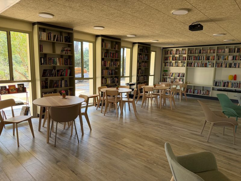 Bookcases between windows, tables in front