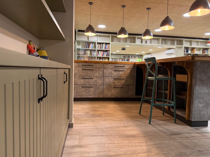 Grooved cabinet doors and counter