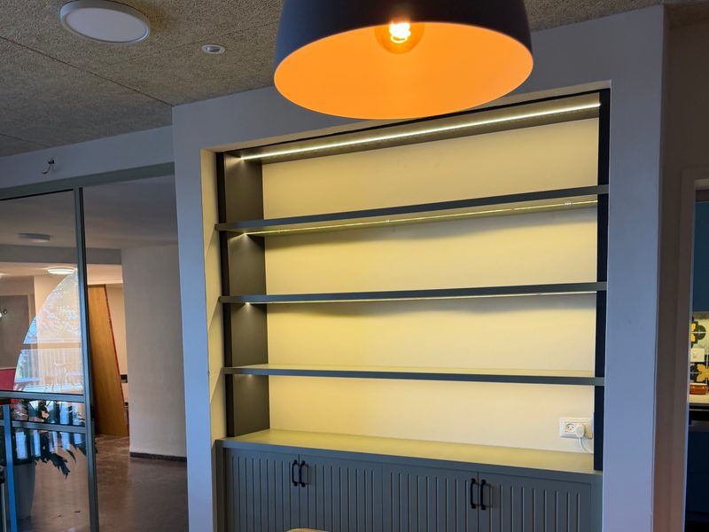 Lit shelving unit, front view