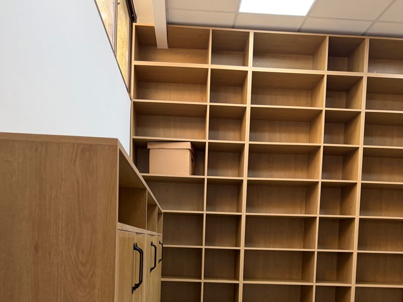 Low cabinet and shelving wall