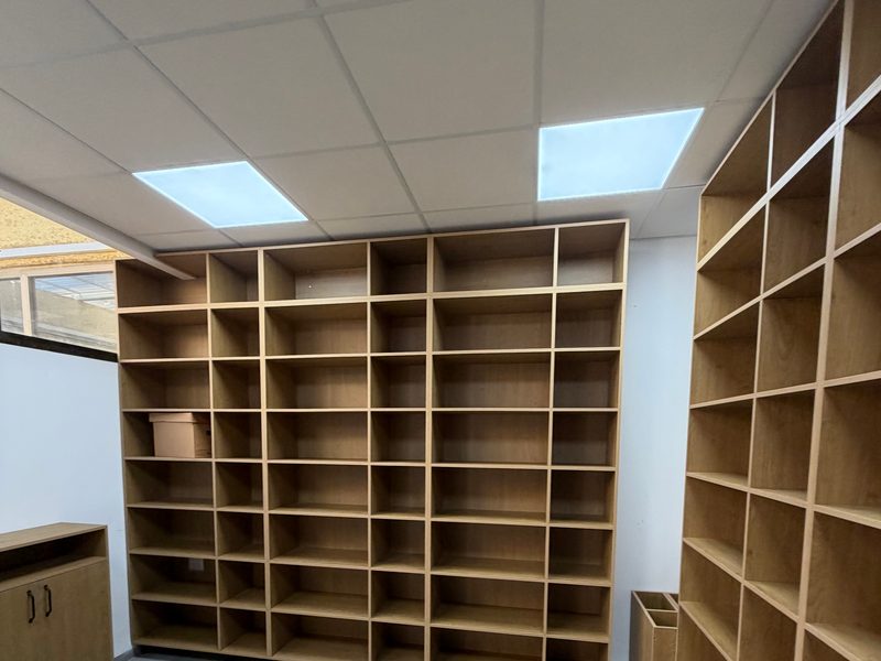 Shelving on two walls
